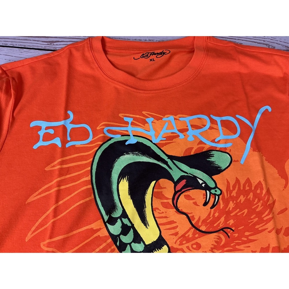 Ed Hardy Men's XL Orange Skull Snake Rose Tattoo Art T-Shirt NEW NWT - Picture 3 of 7